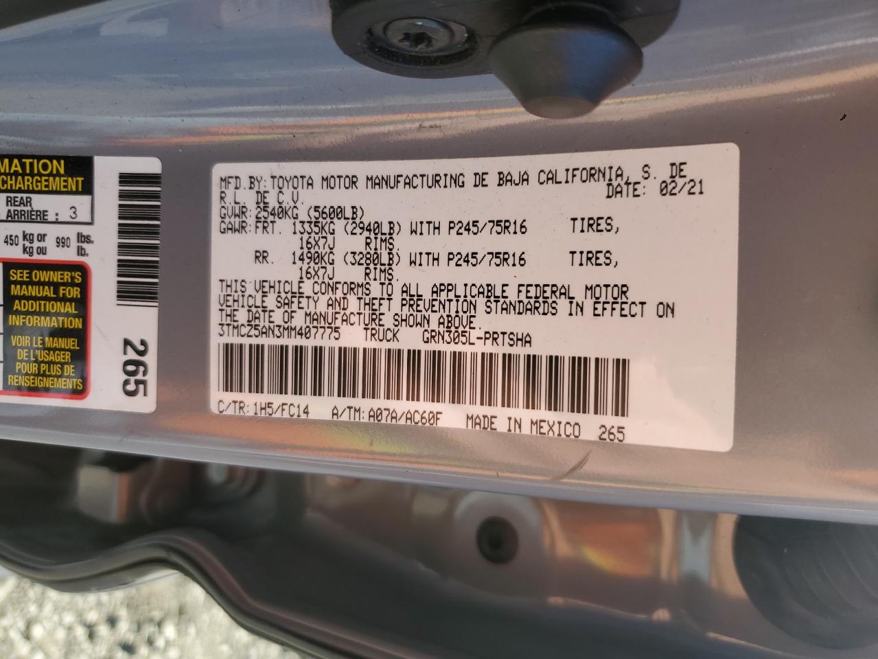 2021 Toyota Tacoma Double Cab VIN: 3TMCZ5AN3MM407775 Lot: 87019475