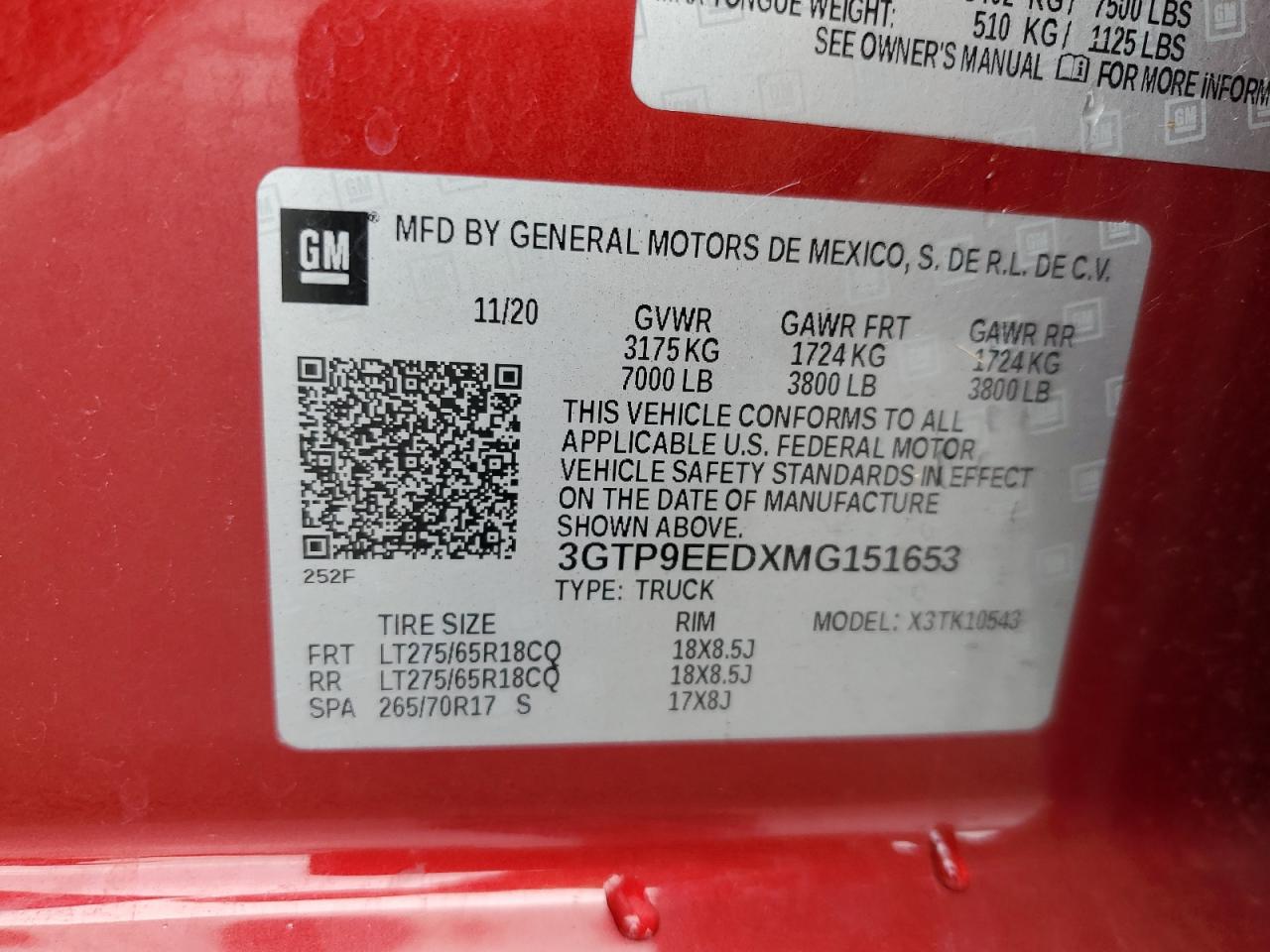 2021 GMC Sierra K1500 At4 VIN: 3GTP9EEDXMG151653 Lot: 82228995