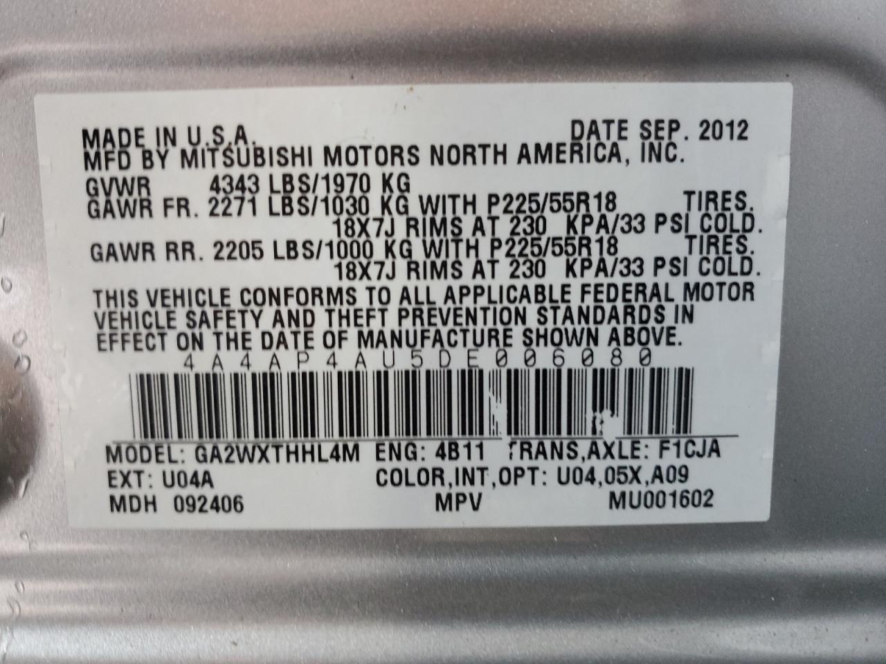 2013 Mitsubishi Outlander Sport Se VIN: 4A4AP4AU5DE006080 Lot: 85686495