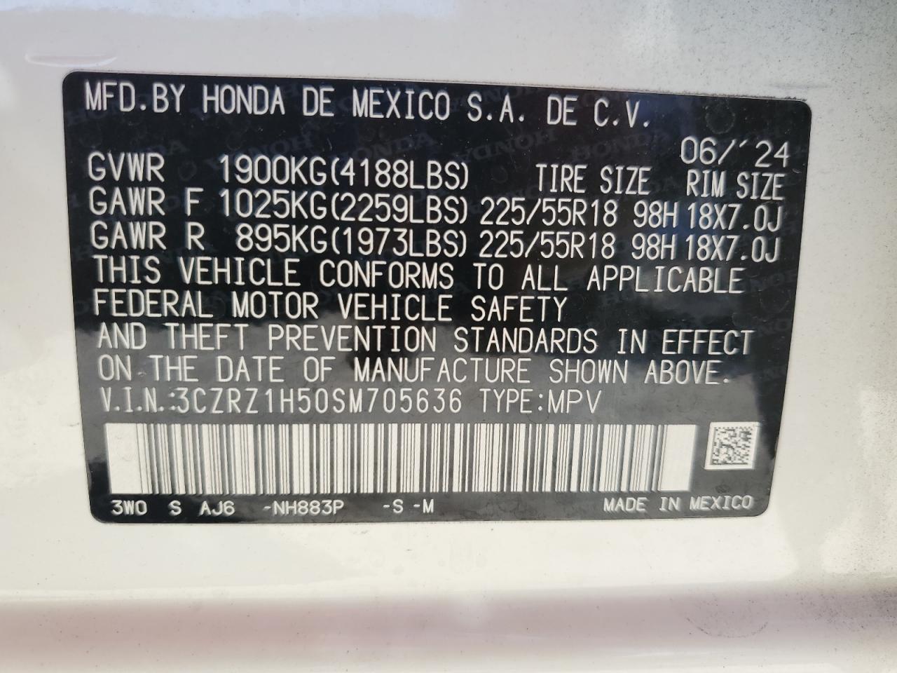 2025 Honda Hr-V Sport VIN: 3CZRZ1H50SM705636 Lot: 86516125