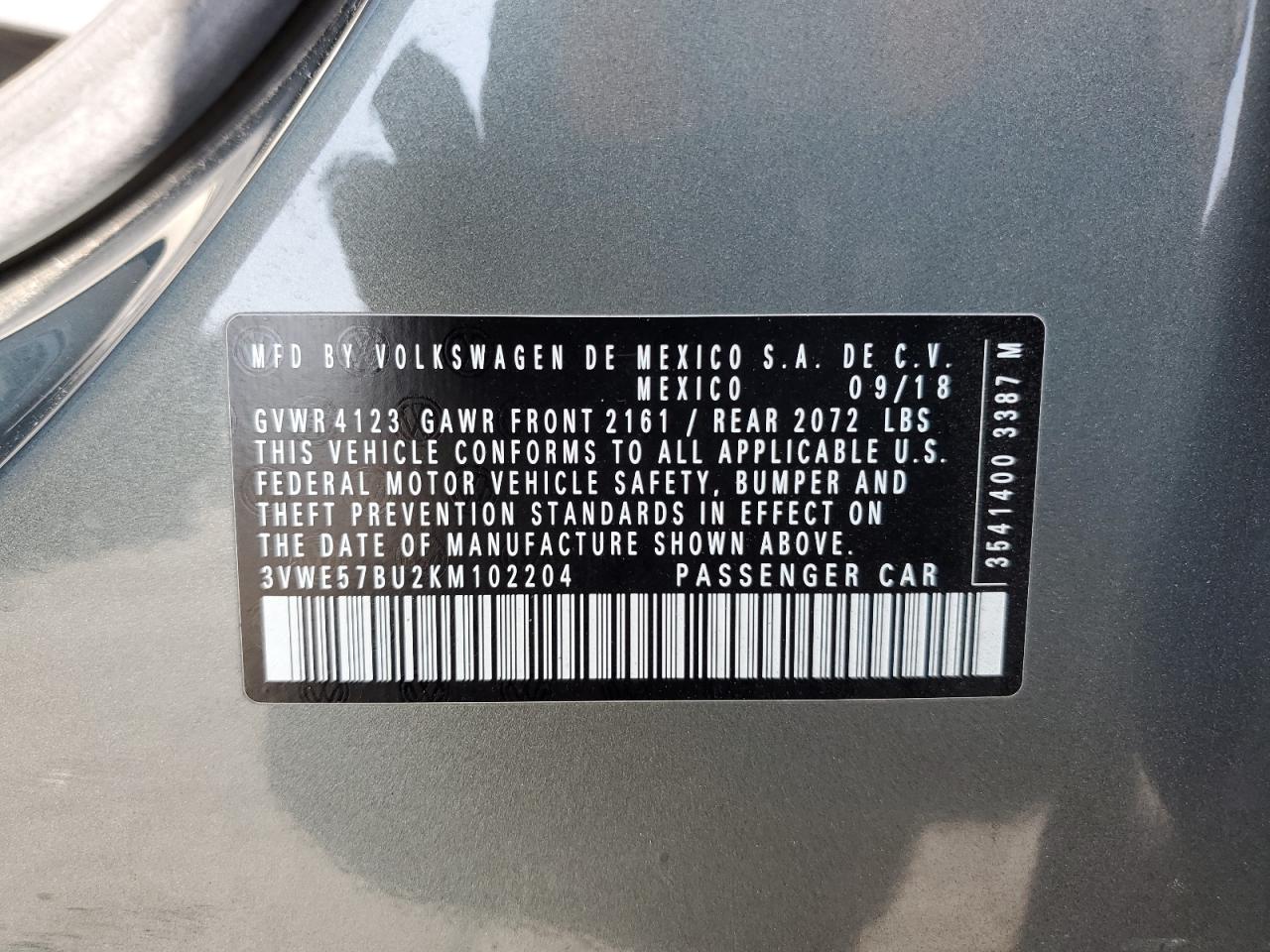 2019 Volkswagen Jetta Sel VIN: 3VWE57BU2KM102204 Lot: 85556655