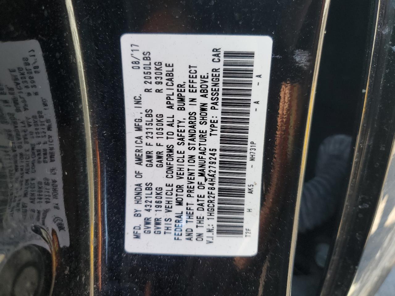 2017 Honda Accord Exl VIN: 1HGCR2F84HA279245 Lot: 85551405