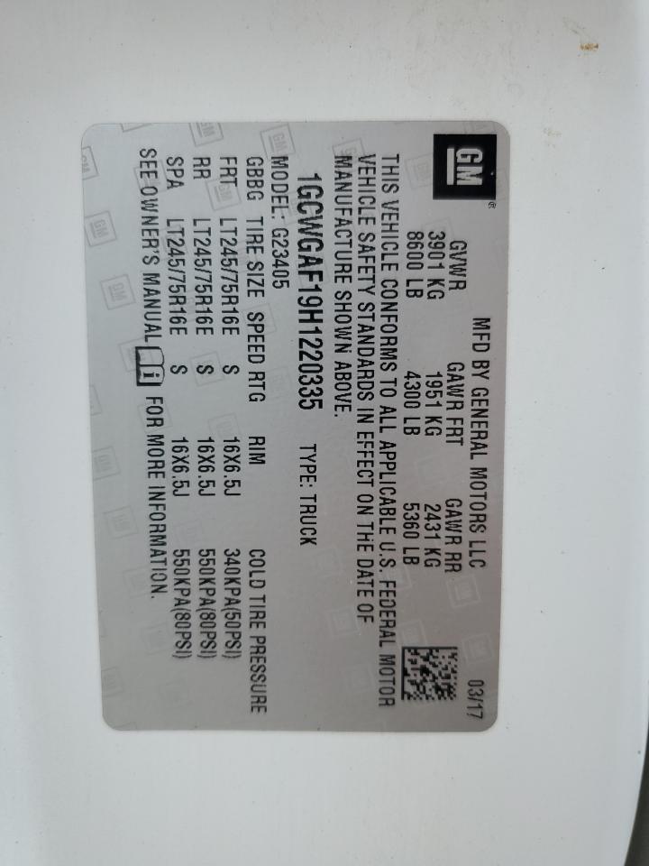 2017 Chevrolet Express G2500 VIN: 1GCWGAF19H1220335 Lot: 85700305