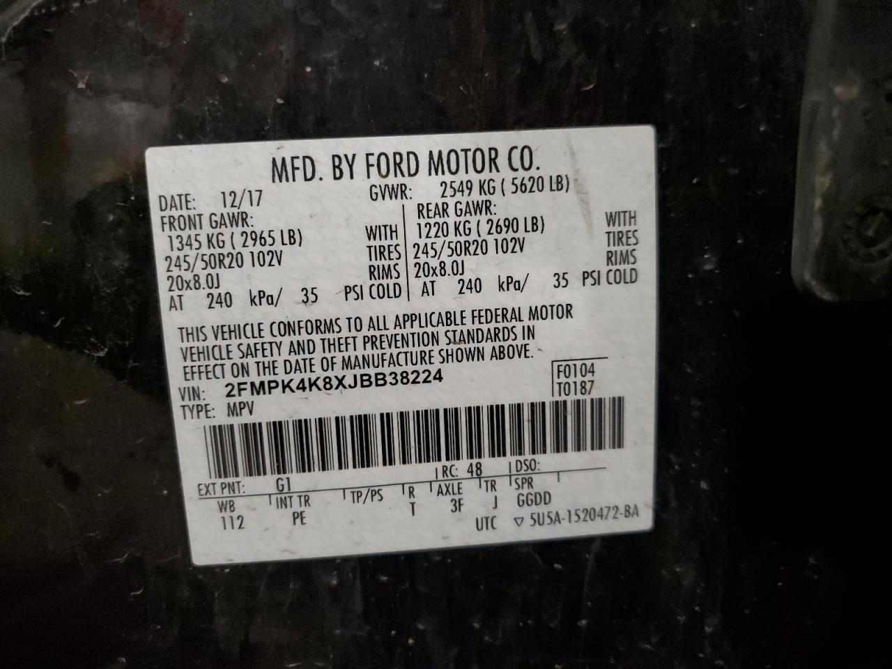 2018 Ford Edge Titanium VIN: 2FMPK4K8XJBB38224 Lot: 82315795