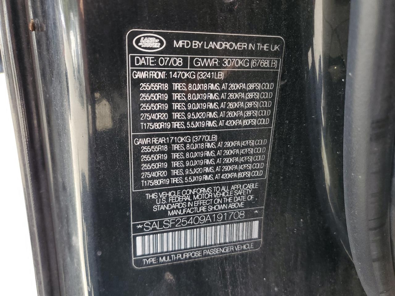 2009 Land Rover Range Rover Sport Hse VIN: SALSF25409A191708 Lot: 85323725