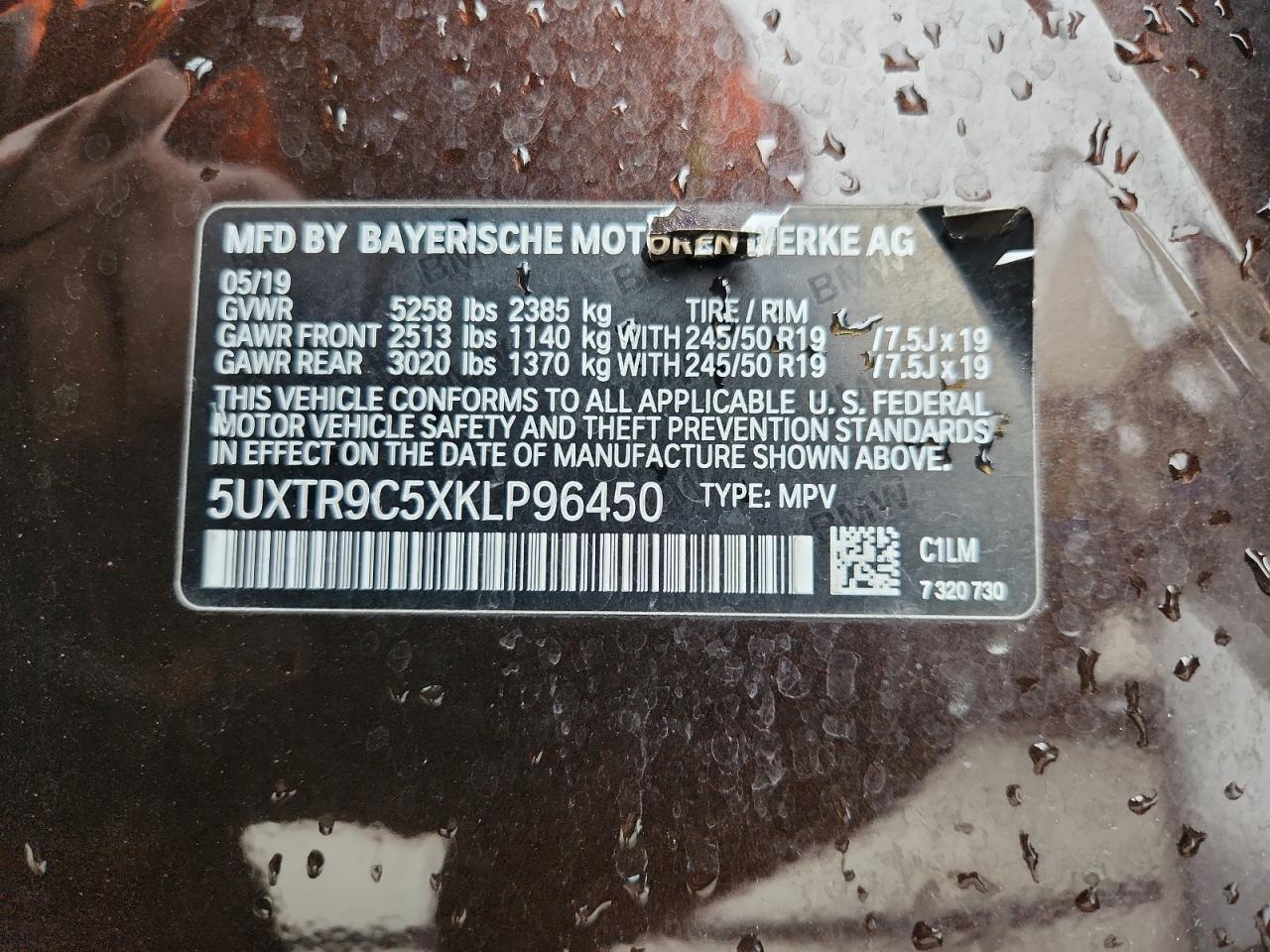 2019 BMW X3 xDrive30I VIN: 5UXTR9C5XKLP96450 Lot: 86458655