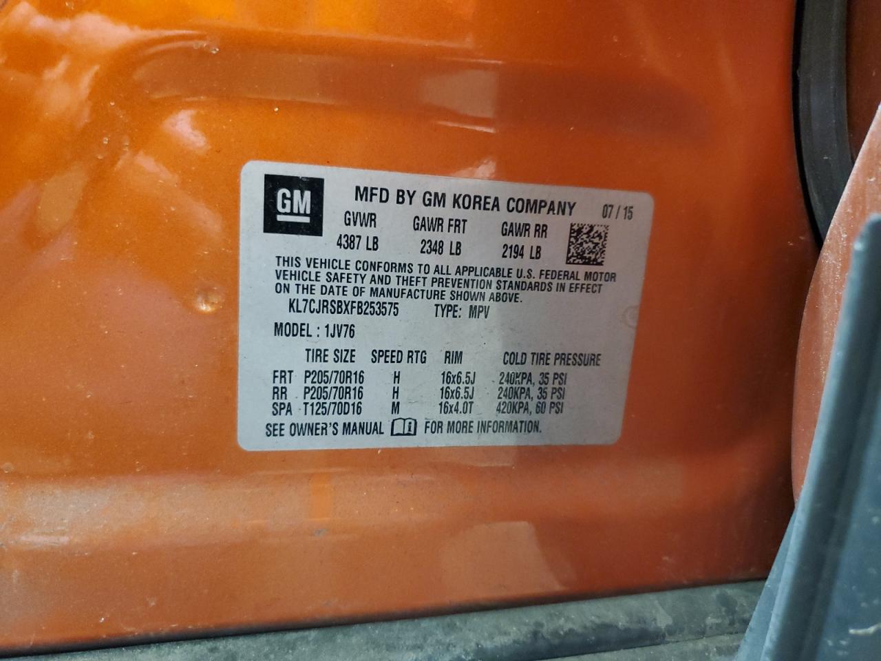 2015 Chevrolet Trax 1Lt VIN: KL7CJRSBXFB253575 Lot: 90109535