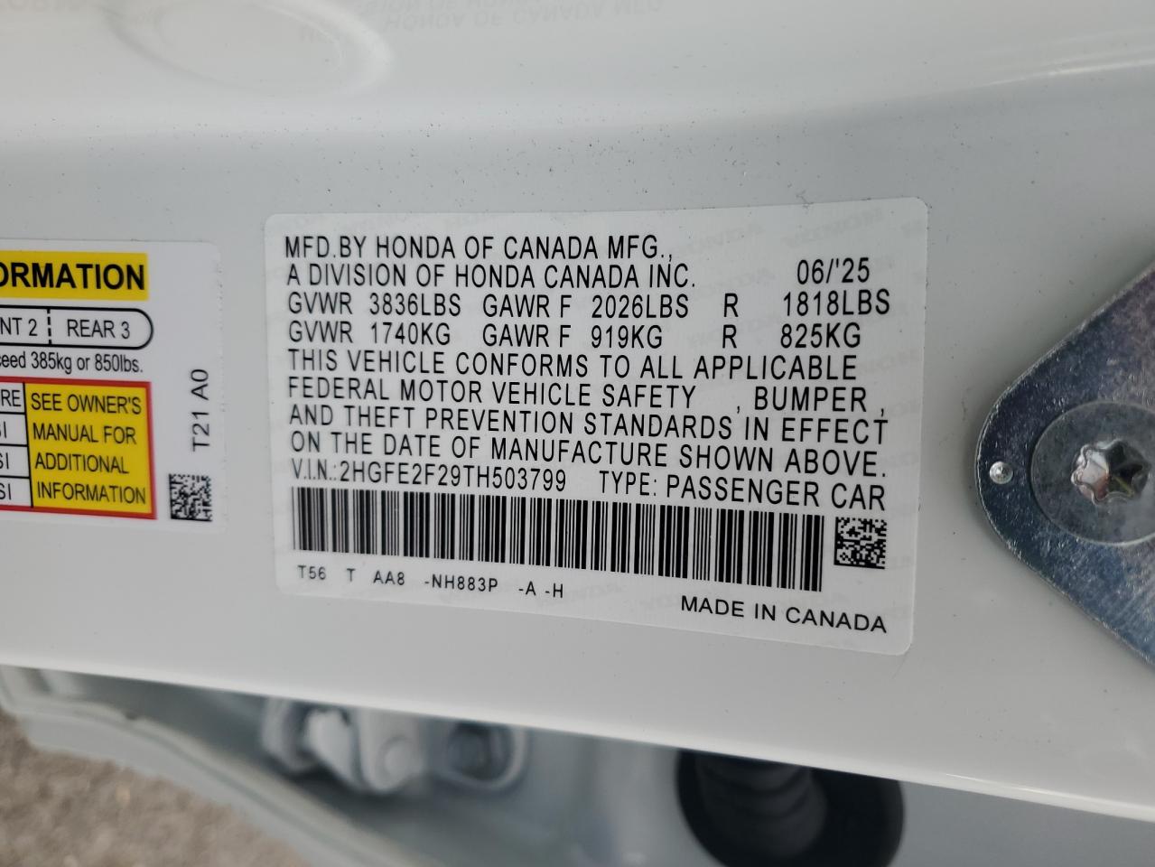 2026 Honda Civic Lx VIN: 2HGFE2F29TH503799 Lot: 82193255
