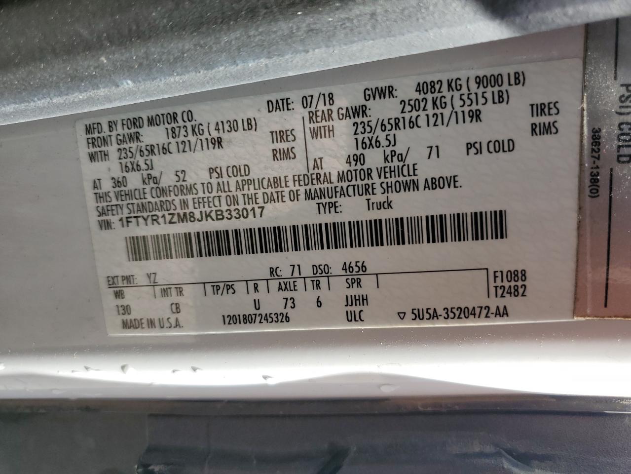 2018 Ford Transit T-250 VIN: 1FTYR1ZM8JKB33017 Lot: 86297905