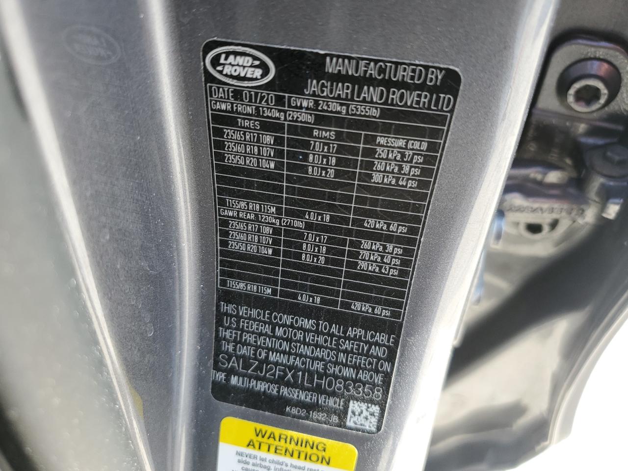 2020 Land Rover Range Rover Evoque S VIN: SALZJ2FX1LH083358 Lot: 86217835