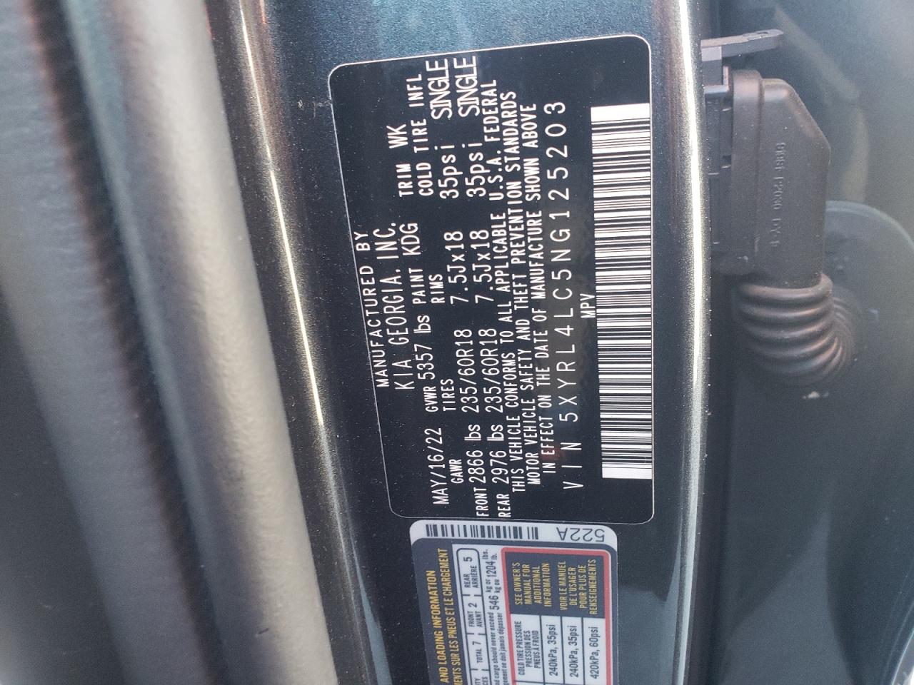 2022 Kia Sorento S VIN: 5XYRL4LC5NG125203 Lot: 86148005