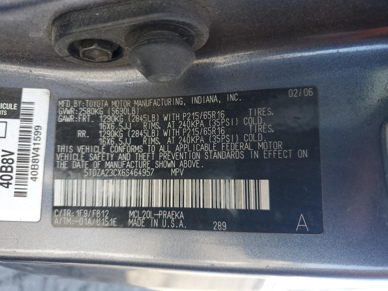 2006 Toyota Sienna Ce VIN: 5TDZA23CX6S464957 Lot: 89506825