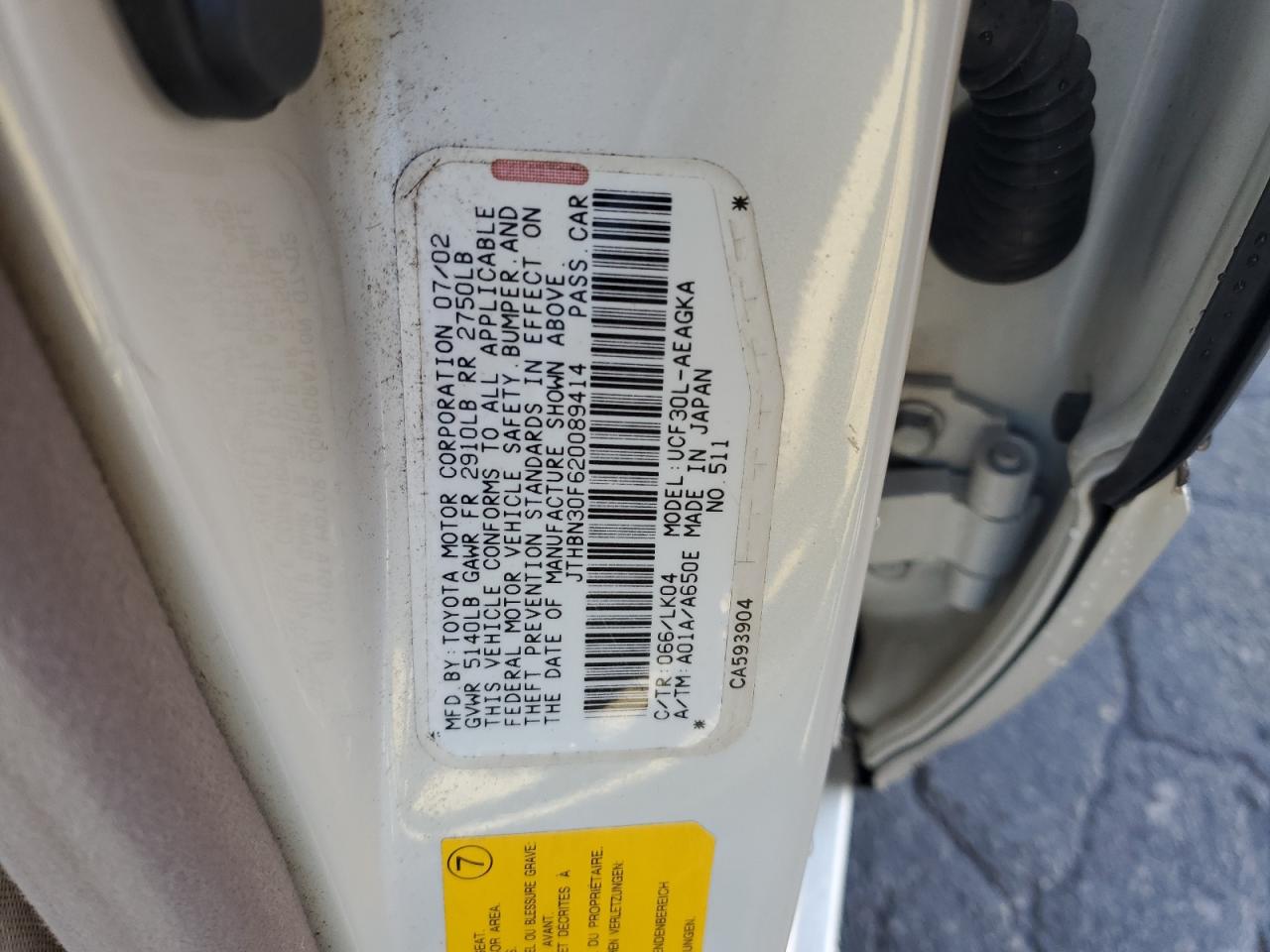 2002 Lexus Ls 430 VIN: JTHBN30F620089414 Lot: 87055345