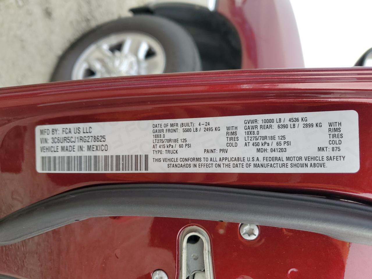 2024 Ram 2500 Tradesman VIN: 3C6UR5CJ1RG278625 Lot: 86508785