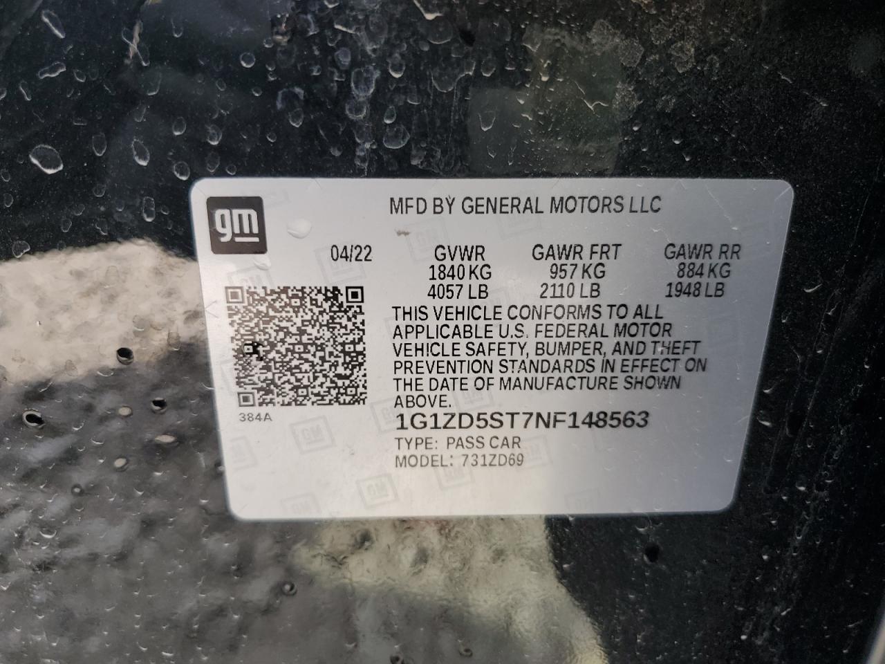 2022 Chevrolet Malibu Lt VIN: 1G1ZD5ST7NF148563 Lot: 90075275