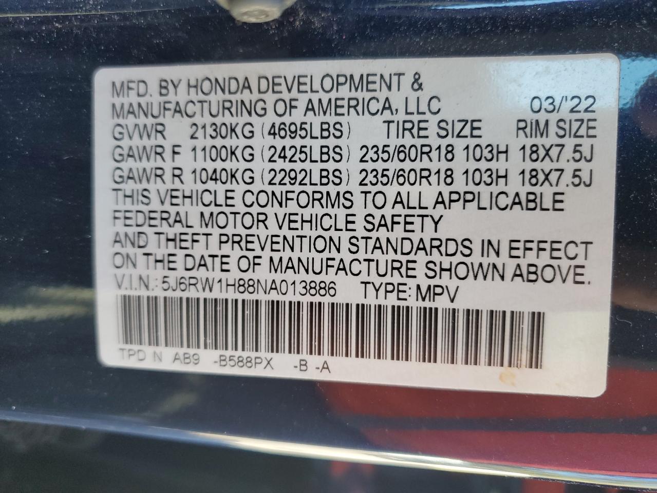 2022 Honda Cr-V Exl VIN: 5J6RW1H88NA013886 Lot: 82387165