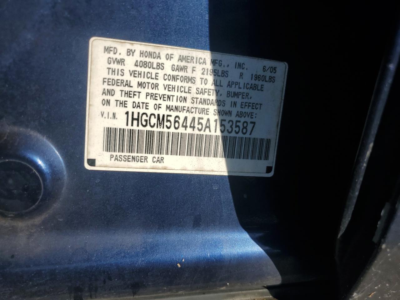 2005 Honda Accord Lx VIN: 1HGCM56445A153587 Lot: 85763245