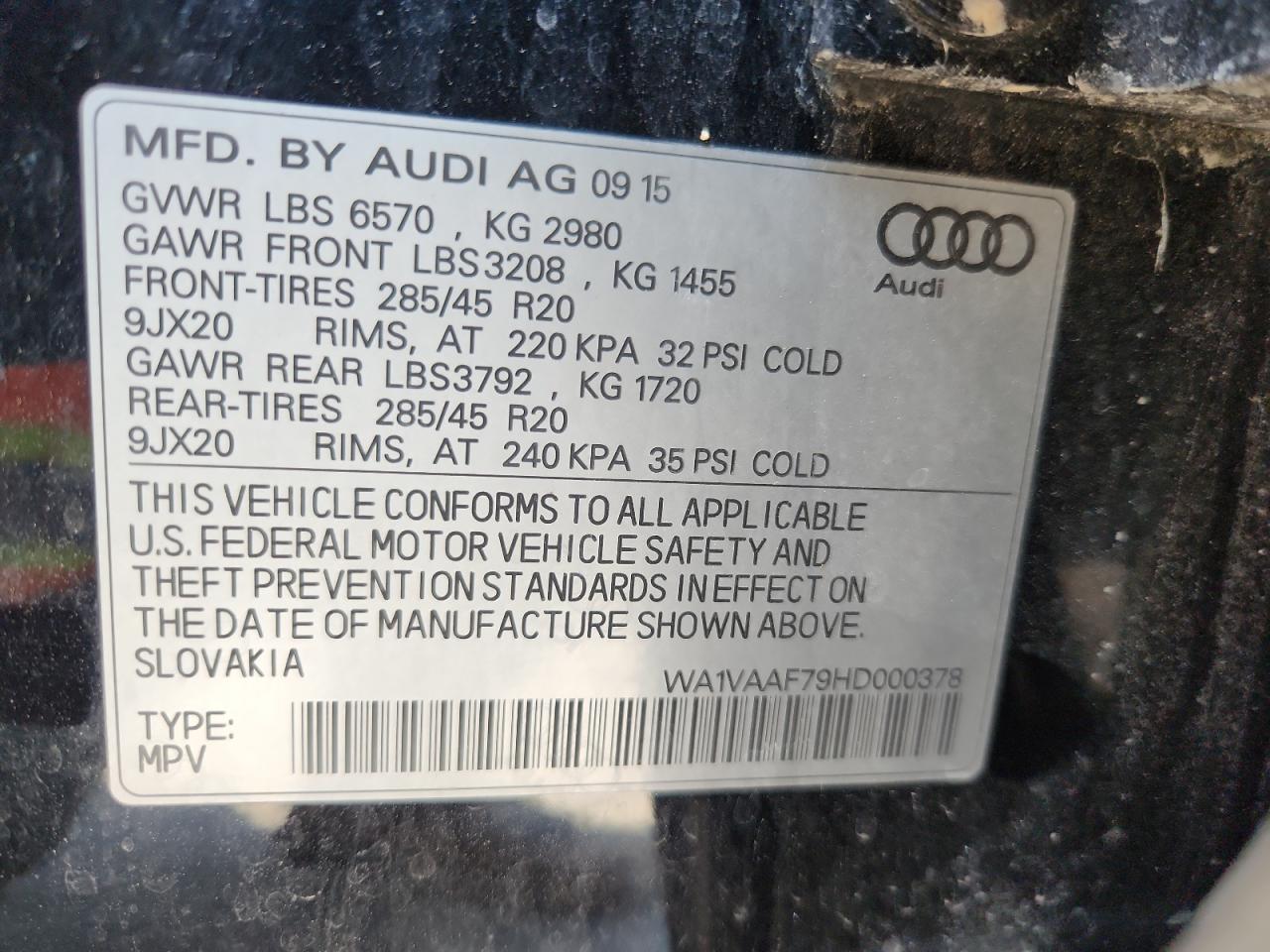 2017 Audi Q7 Prestige VIN: WA1VAAF79HD000378 Lot: 86698735