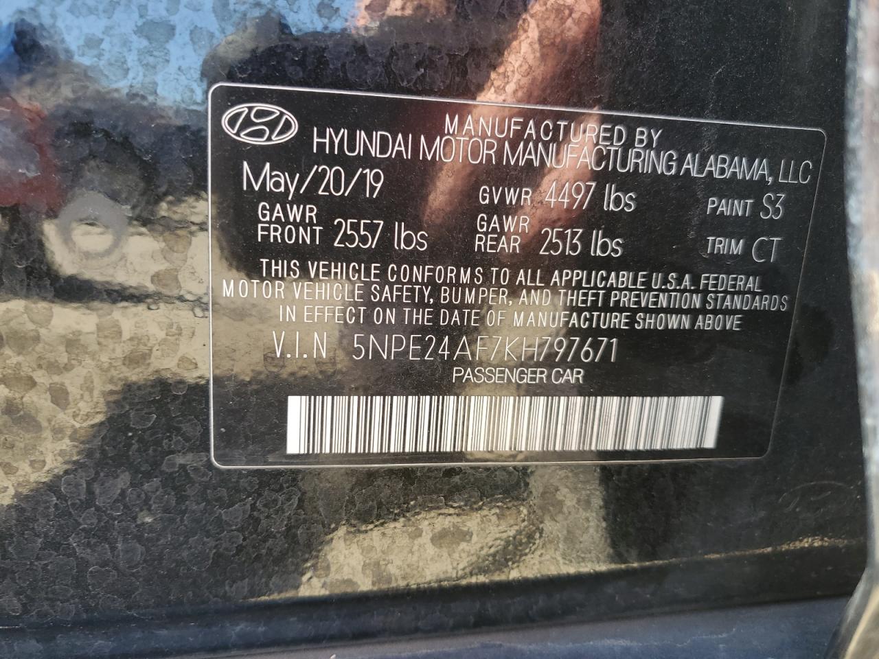 2019 Hyundai Sonata Se VIN: 5NPE24AF7KH797671 Lot: 86333735