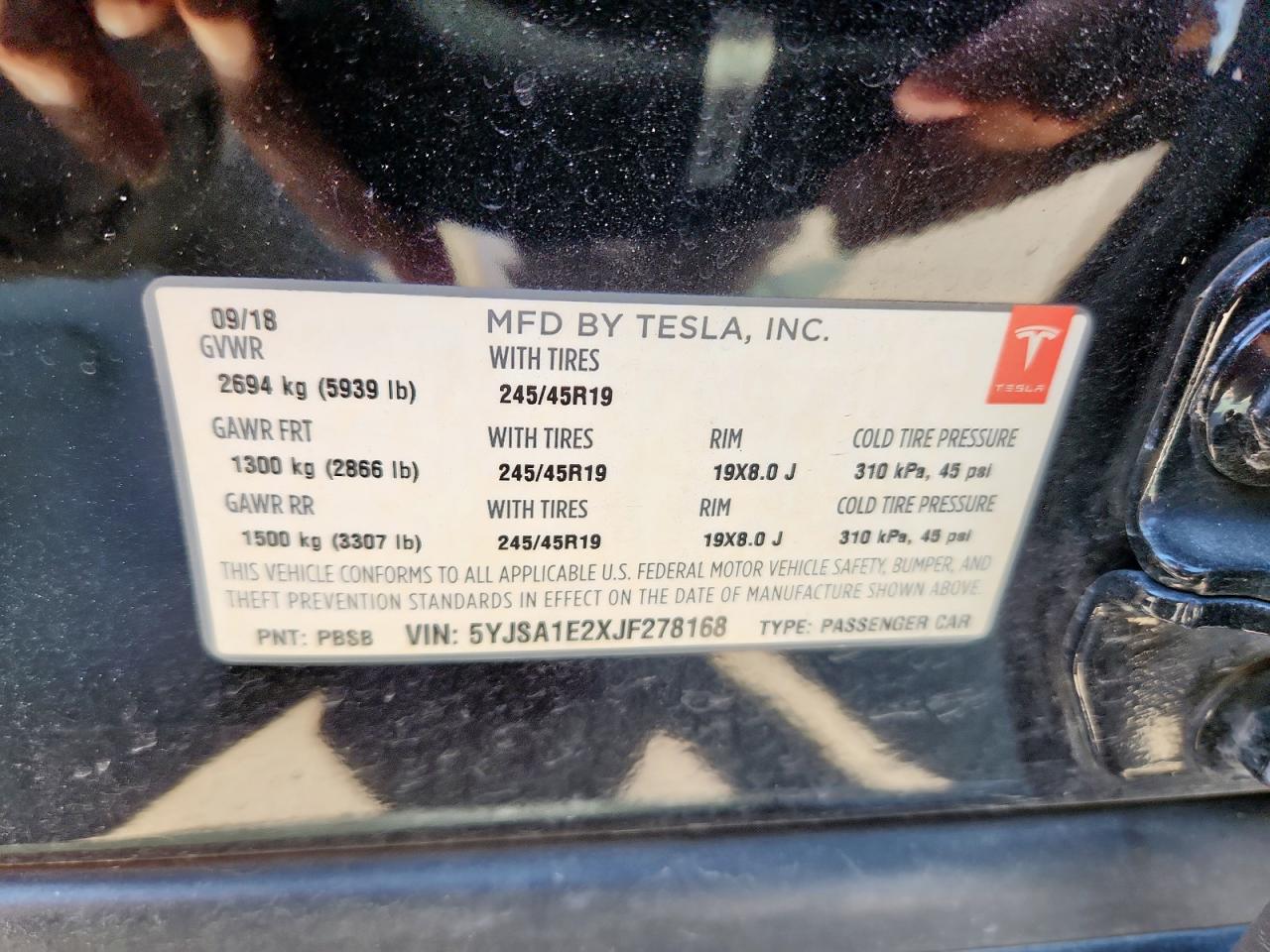2018 Tesla Model S VIN: 5YJSA1E2XJF278168 Lot: 81900435