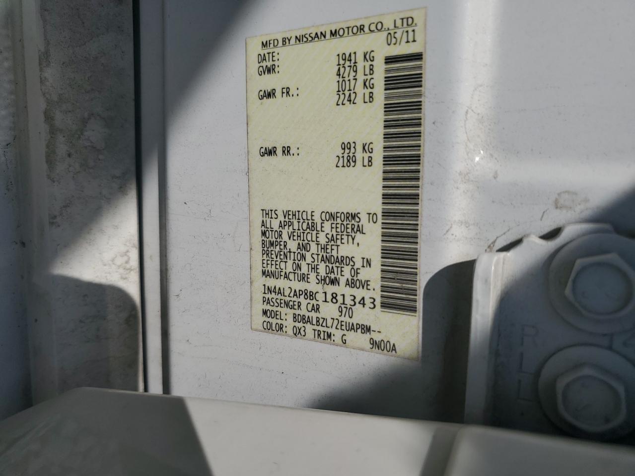 2011 Nissan Altima Base VIN: 1N4AL2AP8BC181343 Lot: 84898875