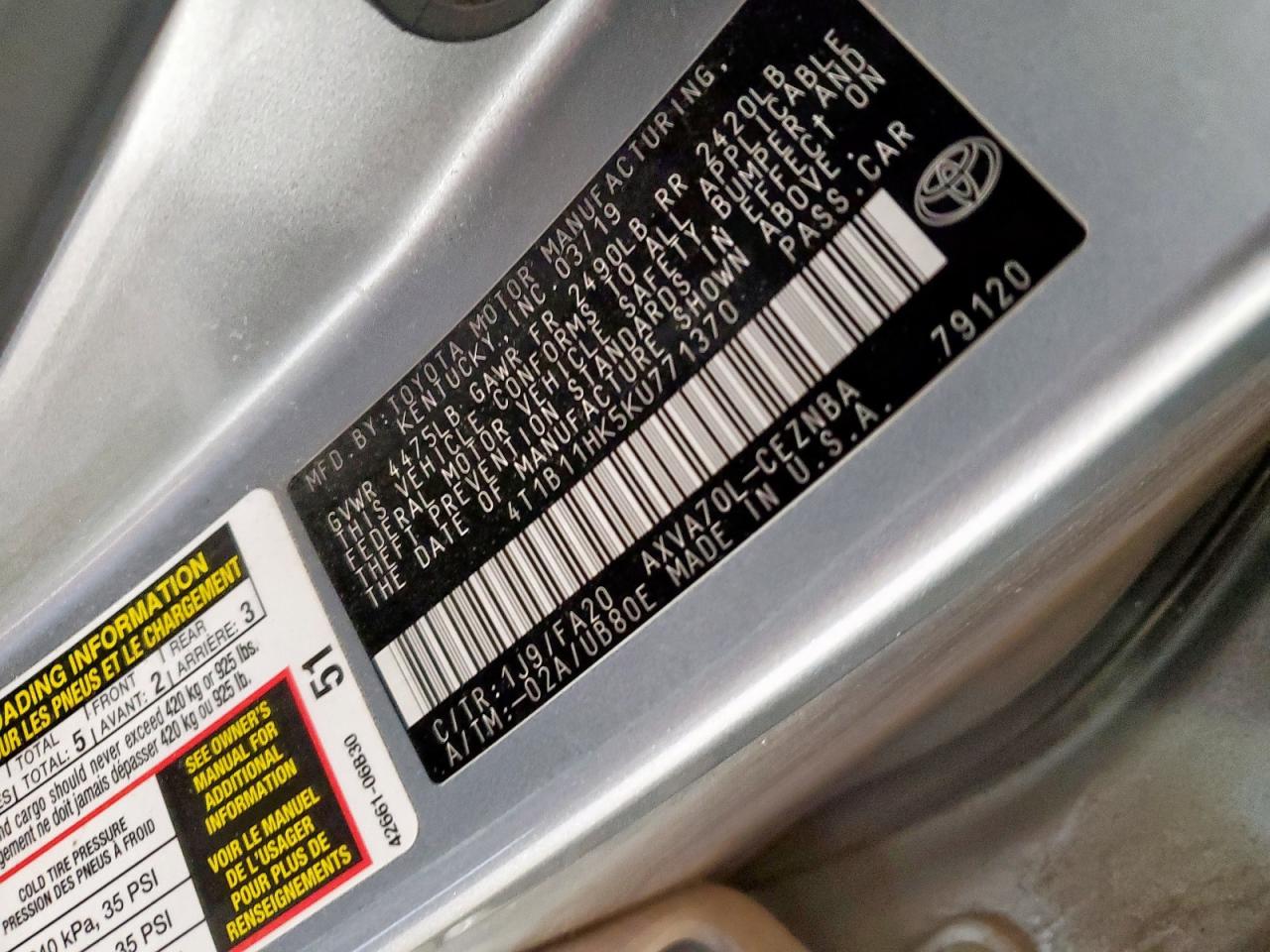 2019 Toyota Camry L VIN: 4T1B11HK5KU771370 Lot: 85592805