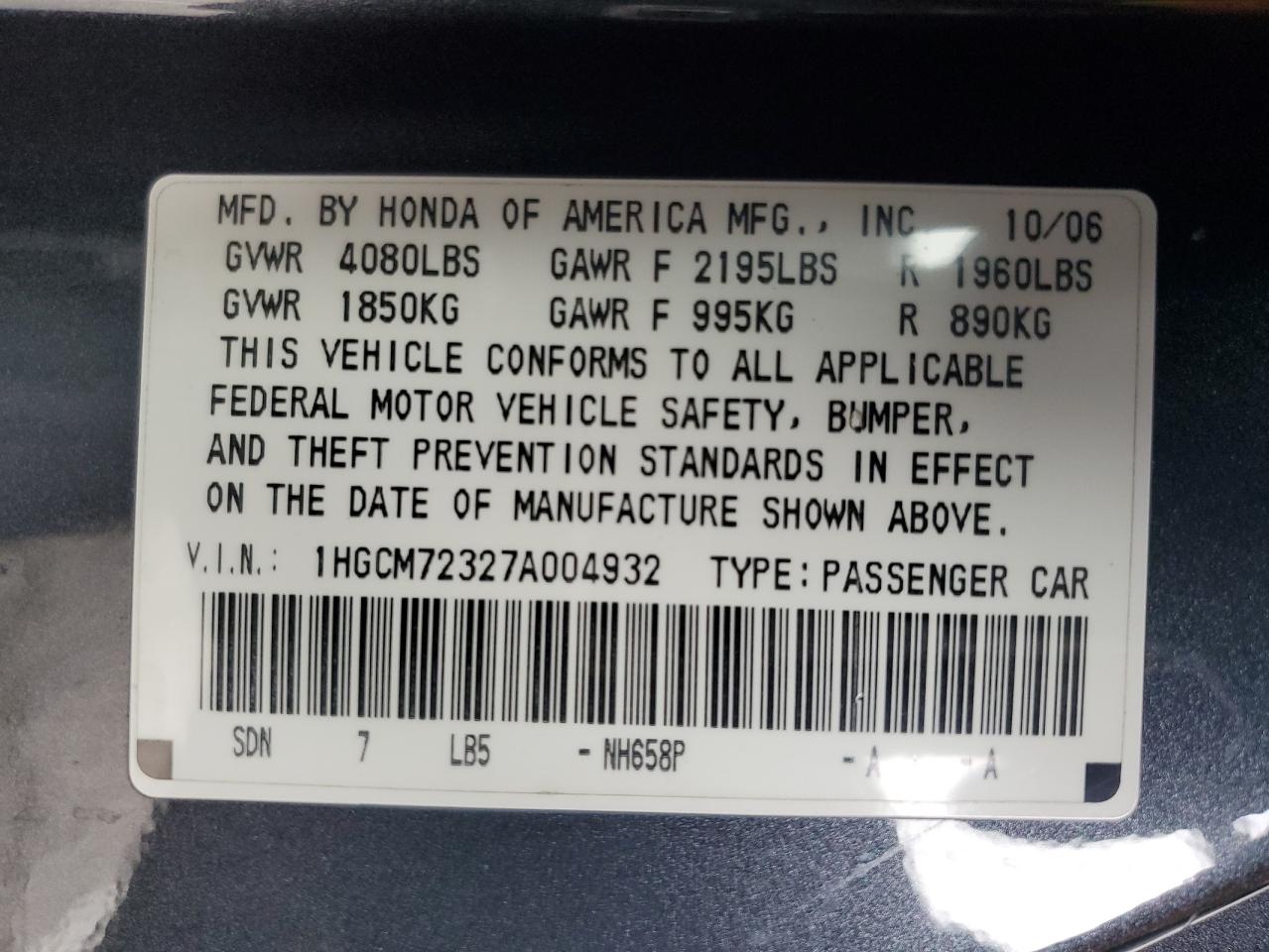 2007 Honda Accord Lx VIN: 1HGCM72327A004932 Lot: 82335075