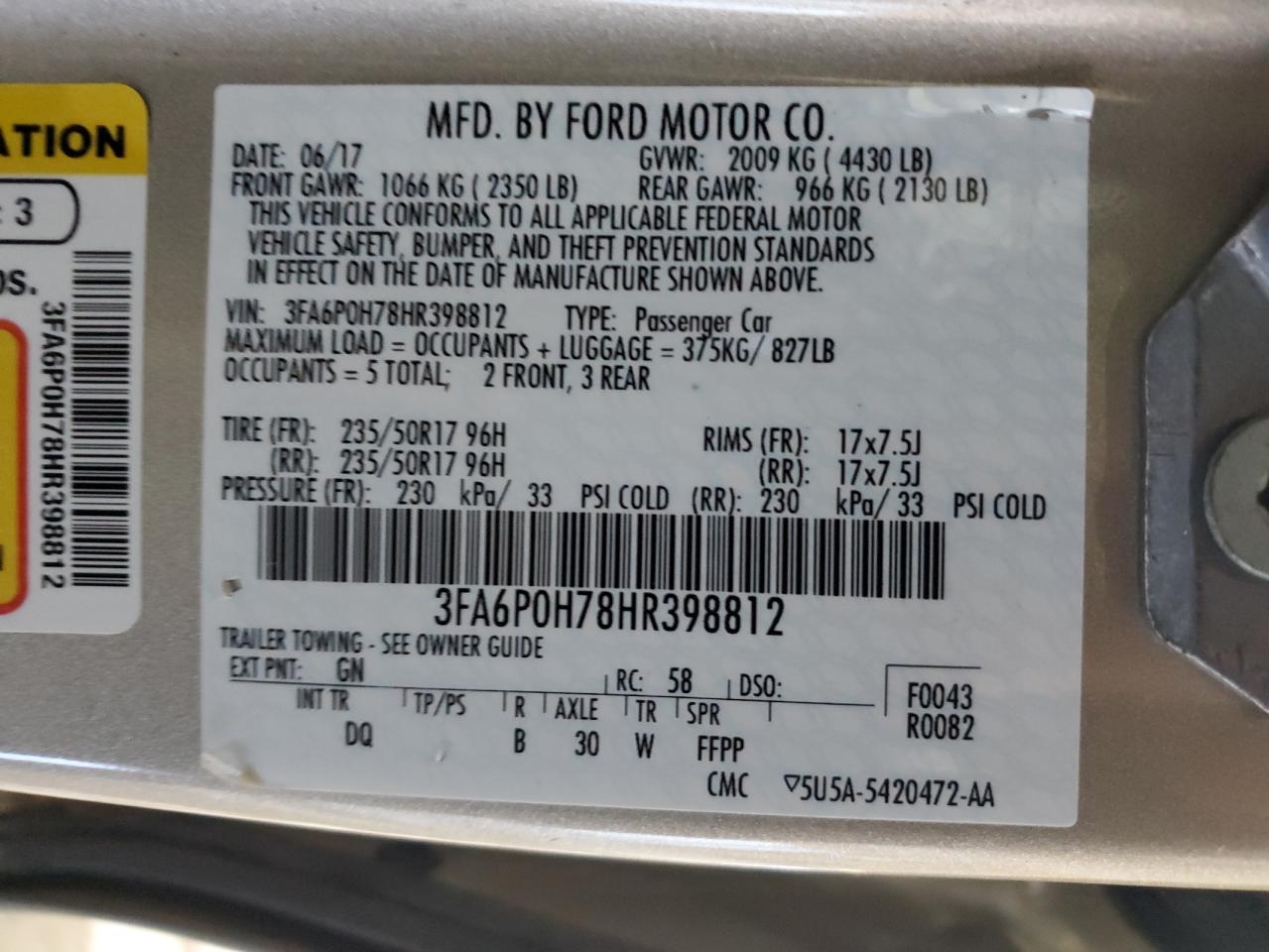 2017 Ford Fusion Se VIN: 3FA6P0H78HR398812 Lot: 85833625