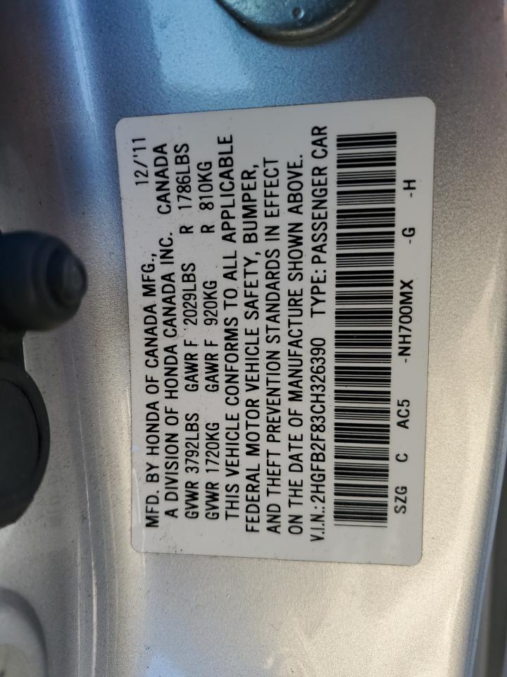 2012 Honda Civic Ex VIN: 2HGFB2F83CH326390 Lot: 82204815