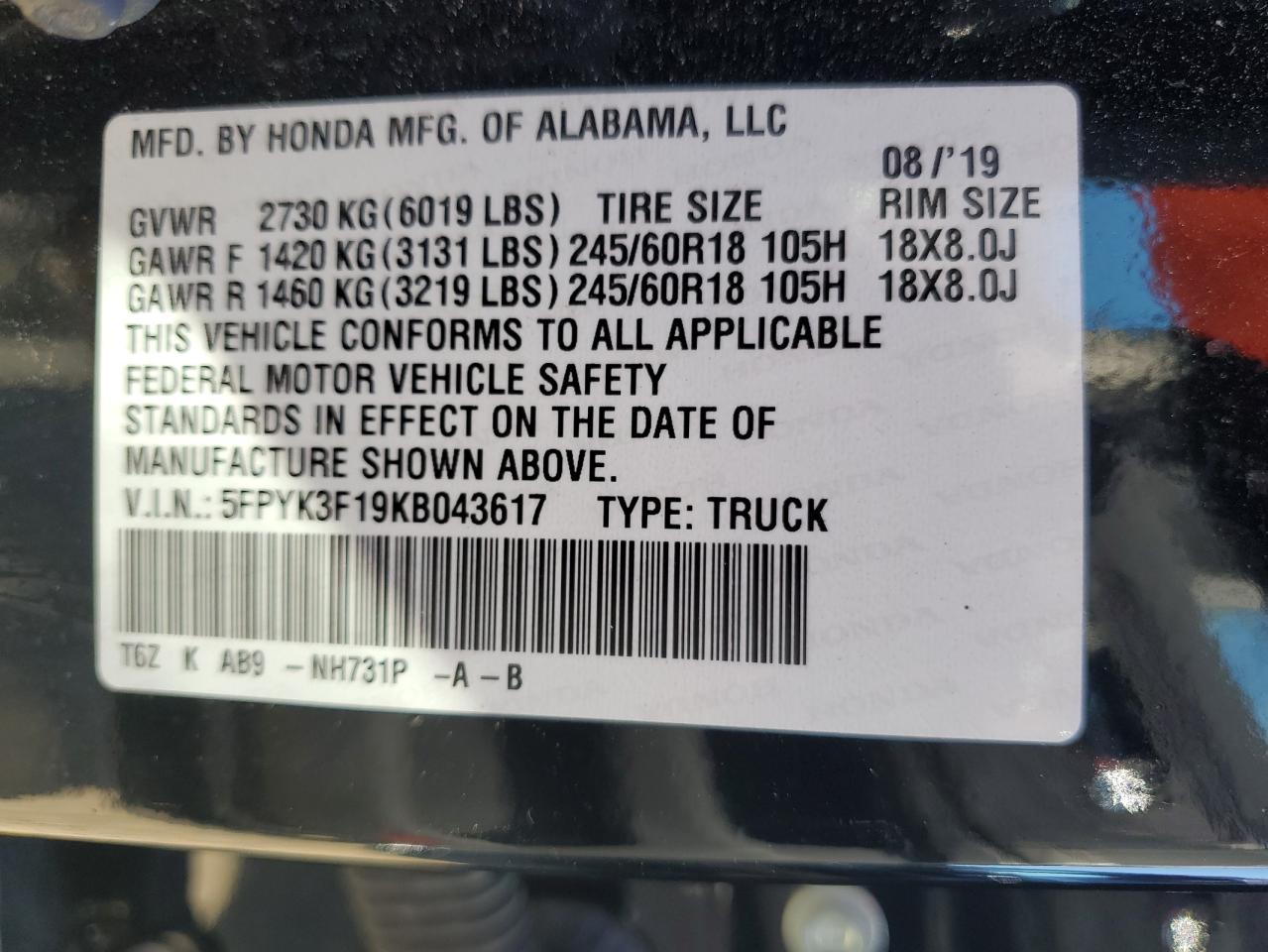 2019 Honda Ridgeline Sport VIN: 5FPYK3F19KB043617 Lot: 85867655