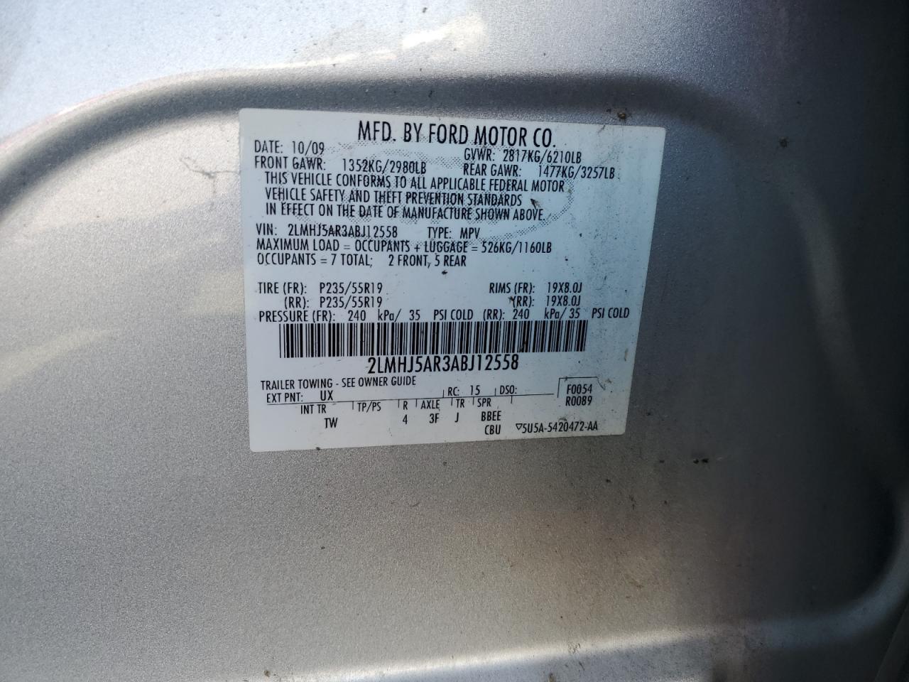 2010 Lincoln Mkt VIN: 2LMHJ5AR3ABJ12558 Lot: 87272615