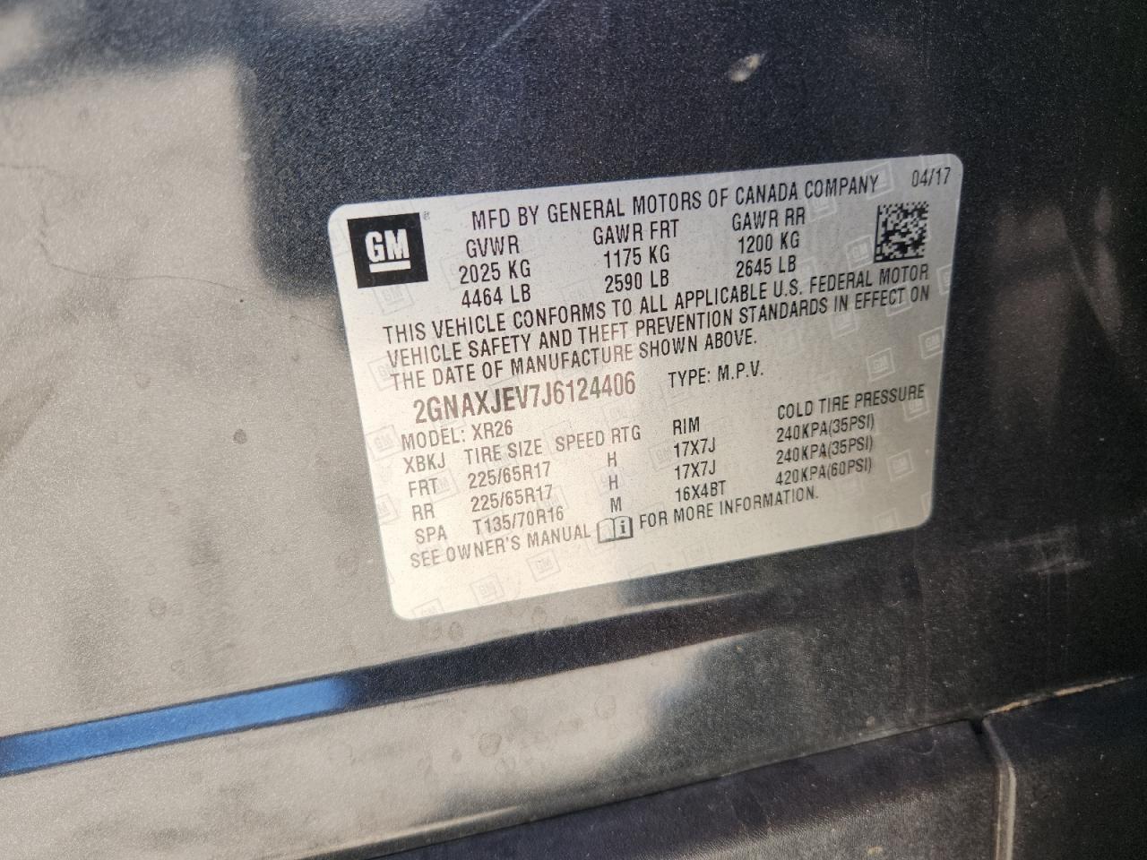 2018 Chevrolet Equinox Lt VIN: 2GNAXJEV7J6124406 Lot: 81937105