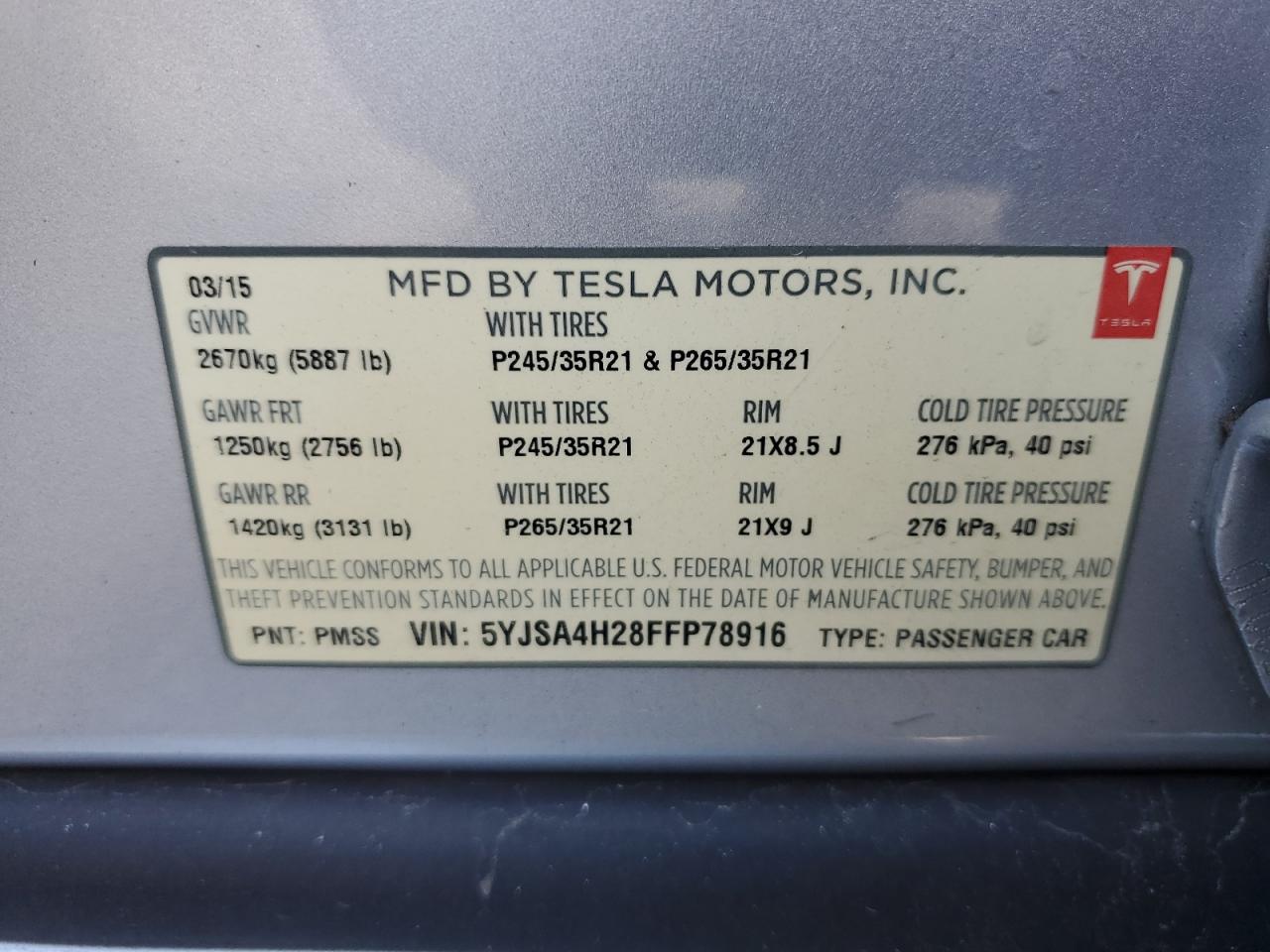 2015 Tesla Model S 85D VIN: 5YJSA4H28FFP78916 Lot: 85335345