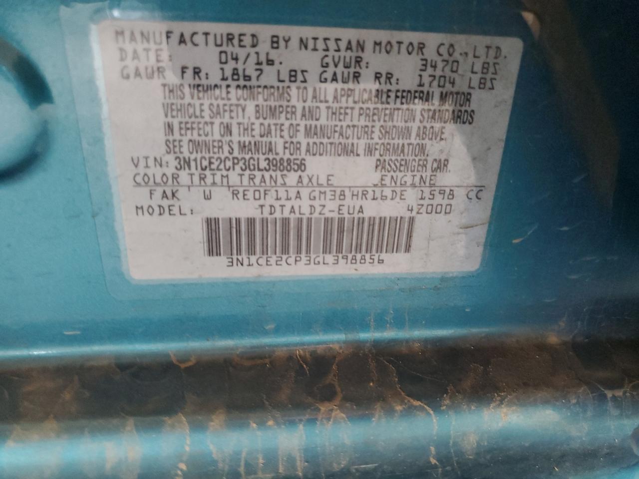 2016 Nissan Versa Note S VIN: 3N1CE2CP3GL398856 Lot: 84941455