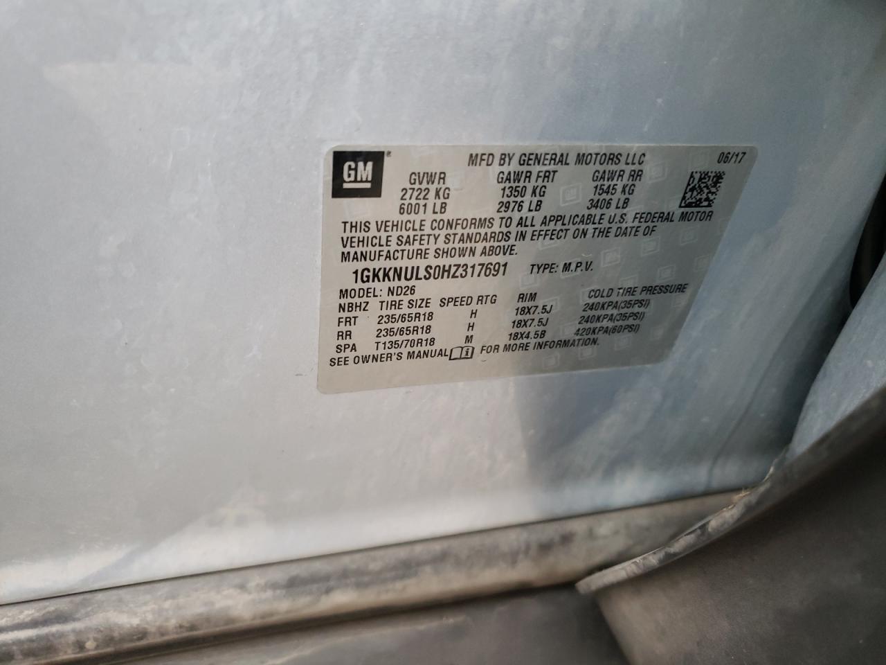 2017 GMC Acadia Slt-1 VIN: 1GKKNULS0HZ317691 Lot: 89813165