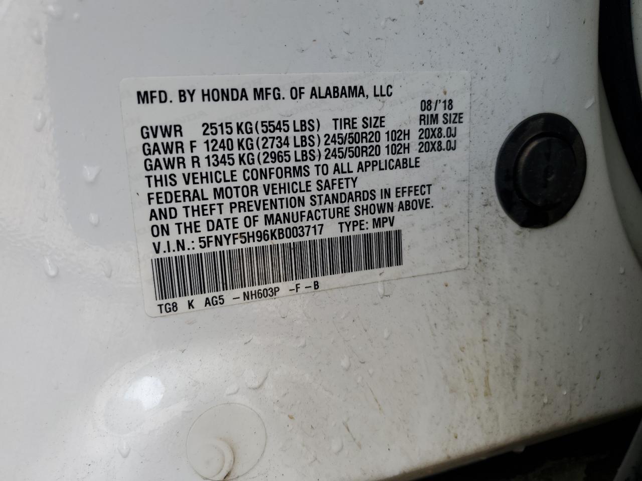 2019 Honda Pilot Touring VIN: 5FNYF5H96KB003717 Lot: 84440195