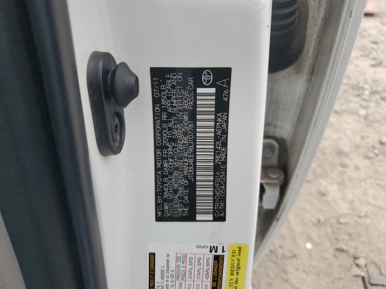 2011 Toyota Corolla Base VIN: JTDBU4EE9BJ107781 Lot: 87381495