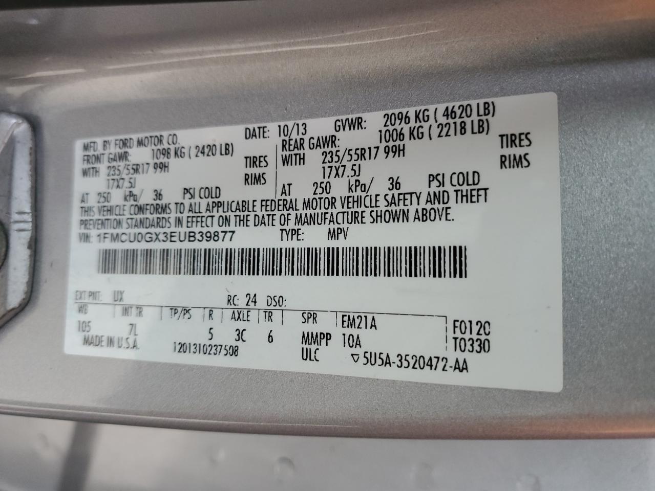 2014 Ford Escape Se VIN: 1FMCU0GX3EUB39877 Lot: 82485645