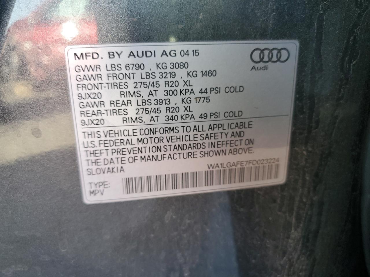 2015 Audi Q7 Premium Plus VIN: WA1LGAFE7FD023224 Lot: 85521005