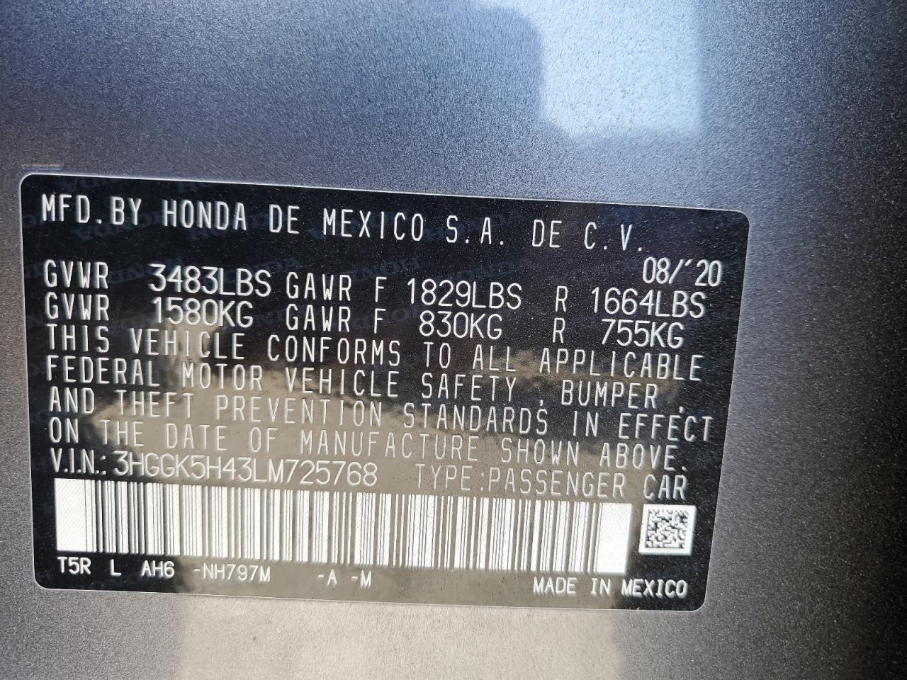 2020 Honda Fit Lx VIN: 3HGGK5H43LM725768 Lot: 82233065