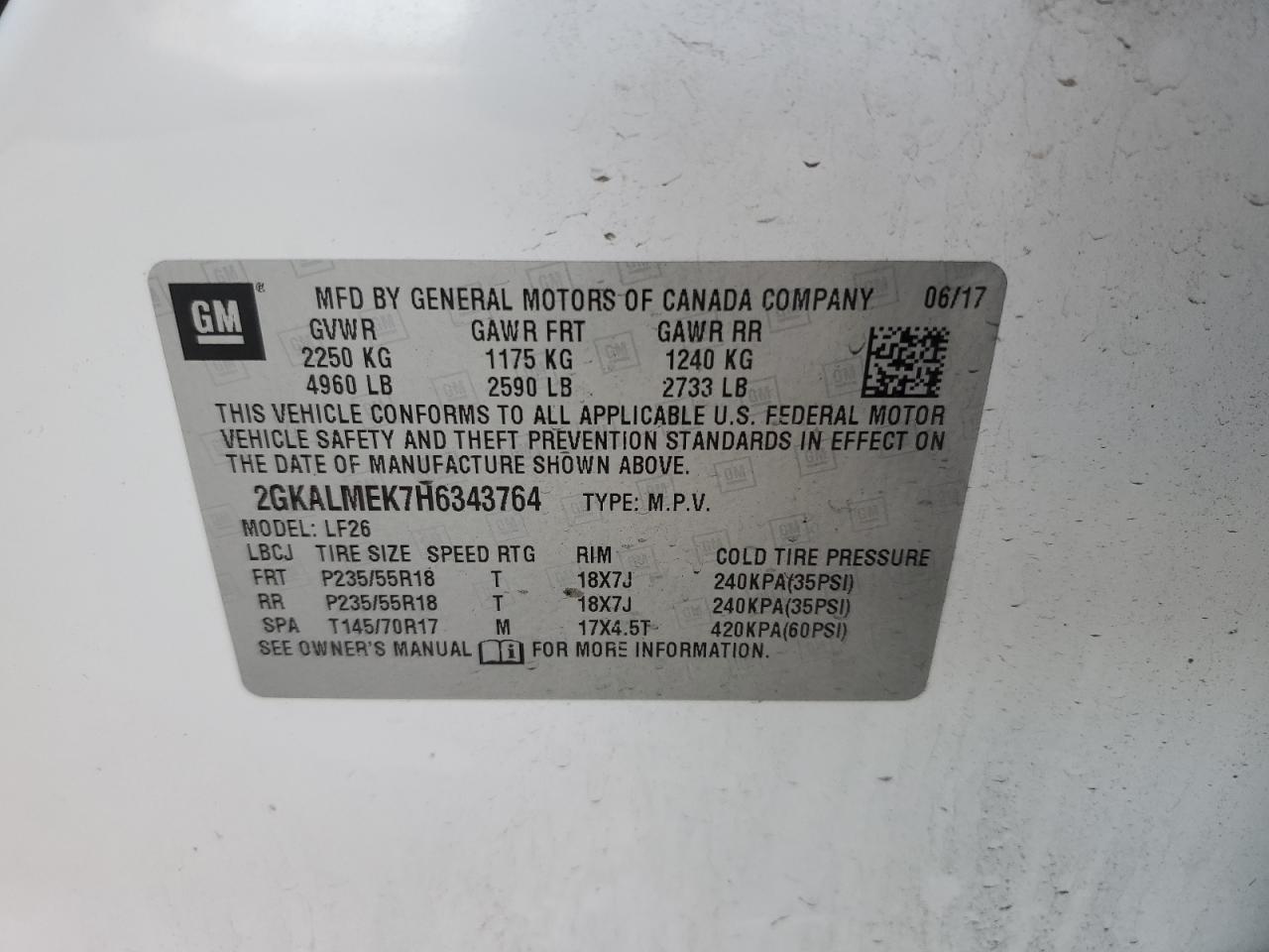 2017 GMC Terrain Sle VIN: 2GKALMEK7H6343764 Lot: 86071585