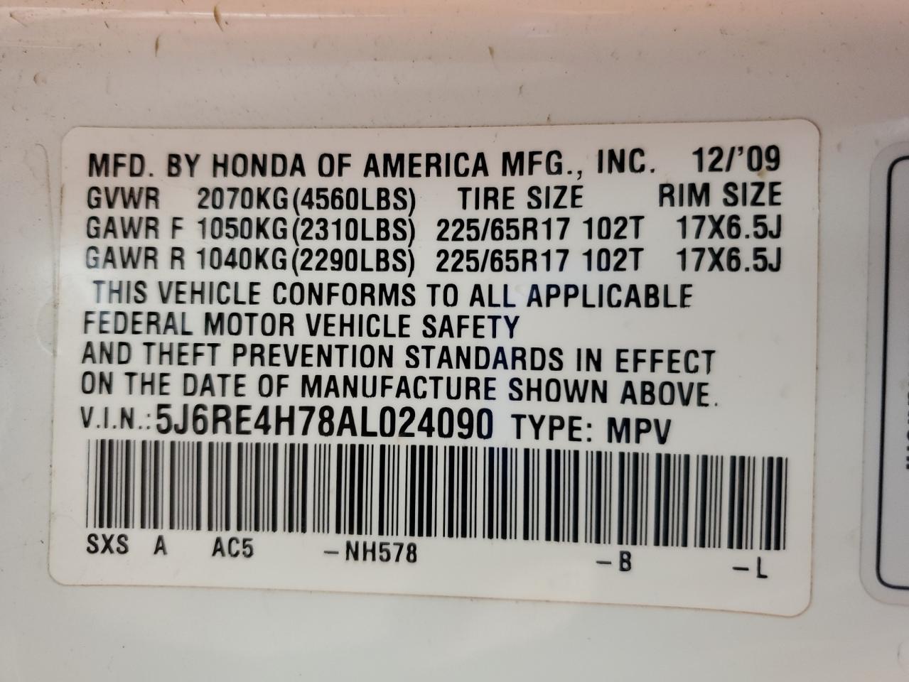 2010 Honda Cr-V Exl VIN: 5J6RE4H78AL024090 Lot: 86619285