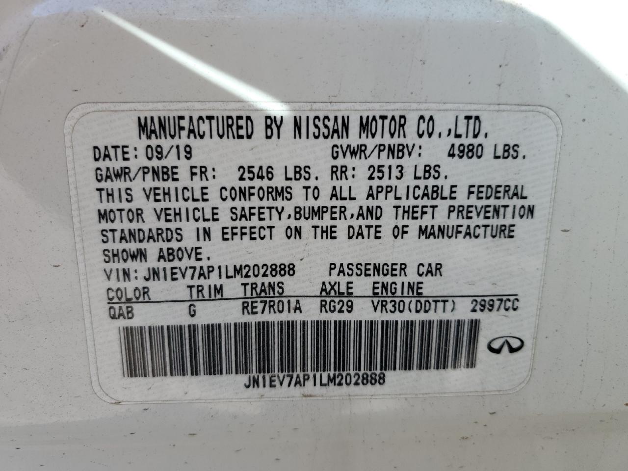 2020 Infiniti Q50 Pure VIN: JN1EV7AP1LM202888 Lot: 82407985