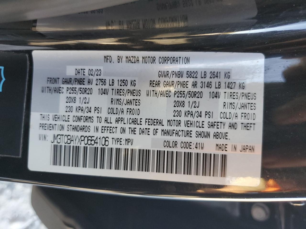 2023 Mazda Cx-9 Touring Plus VIN: JM3TCBAYXP0654106 Lot: 86521065