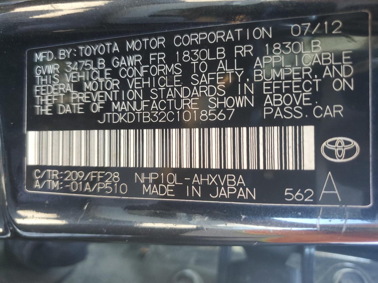 2012 Toyota Prius C VIN: JTDKDTB32C1018567 Lot: 89522695