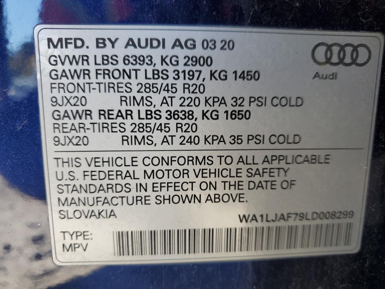 2020 Audi Q7 Premium Plus VIN: WA1LJAF79LD008299 Lot: 80520325