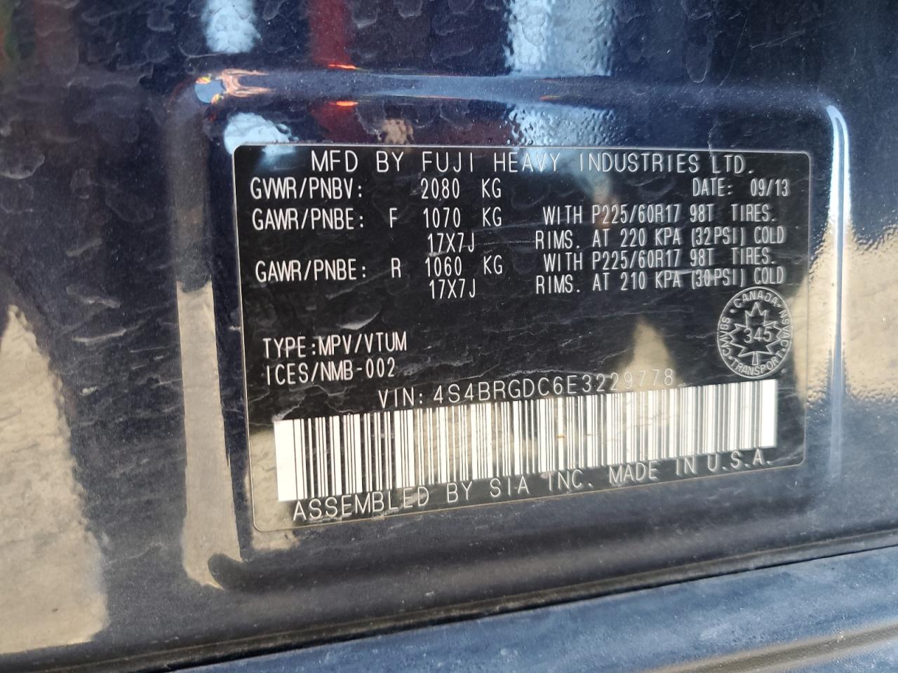 2014 Subaru Outback 2.5I Premium VIN: 4S4BRGDC6E3229778 Lot: 86069355