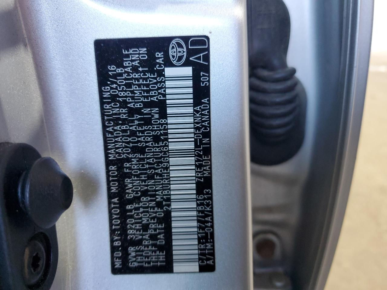 2016 Toyota Corolla L VIN: 2T1BURHE9GC651158 Lot: 84273715