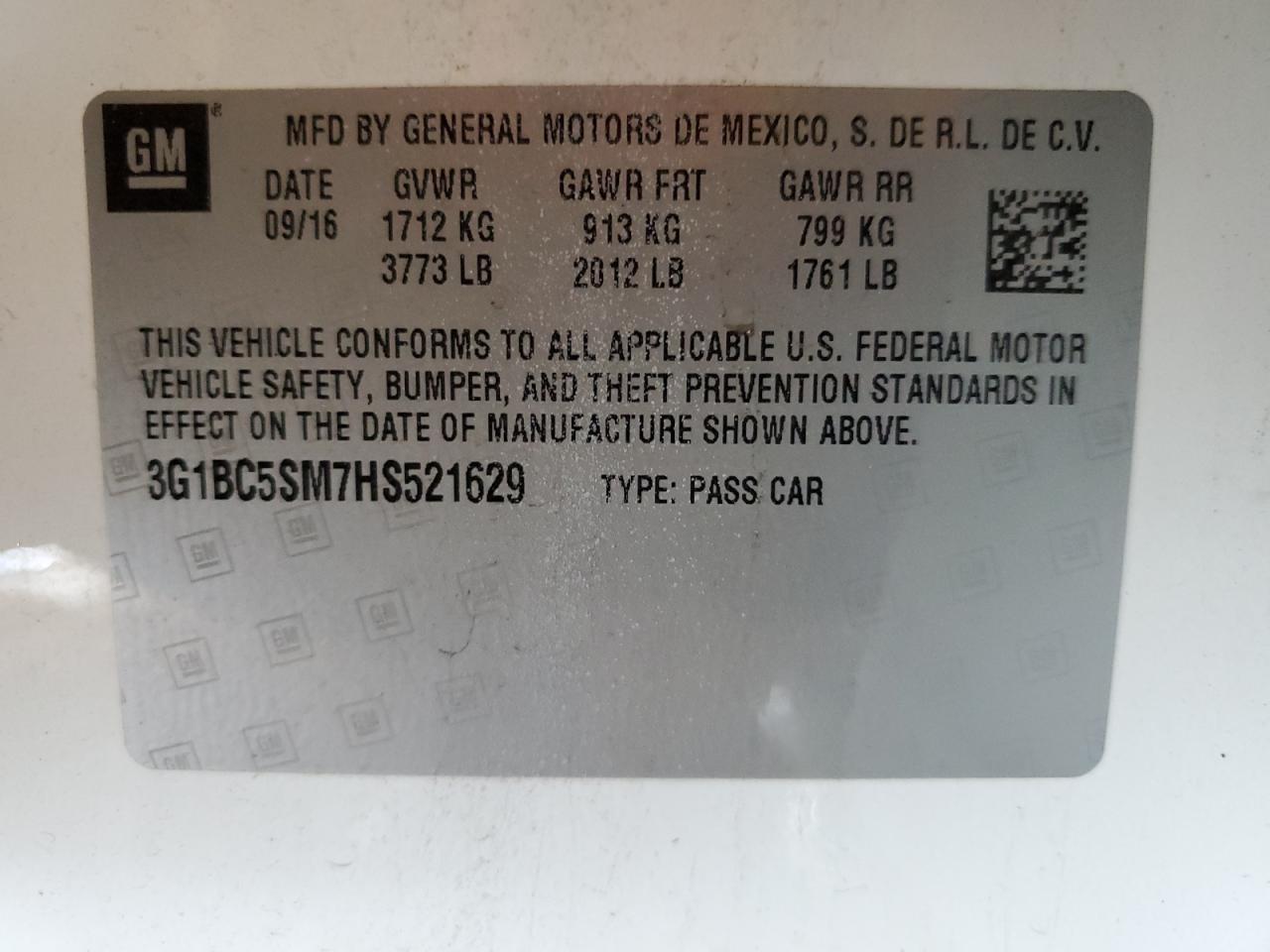 2017 Chevrolet Cruze Ls VIN: 3G1BC5SM7HS521629 Lot: 85726535