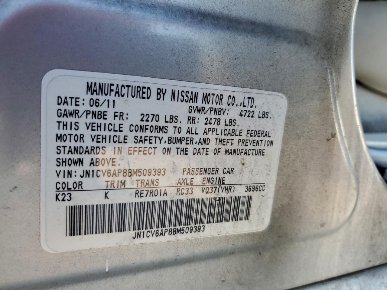 2011 Infiniti G37 Base VIN: JN1CV6AP8BM509393 Lot: 90927415